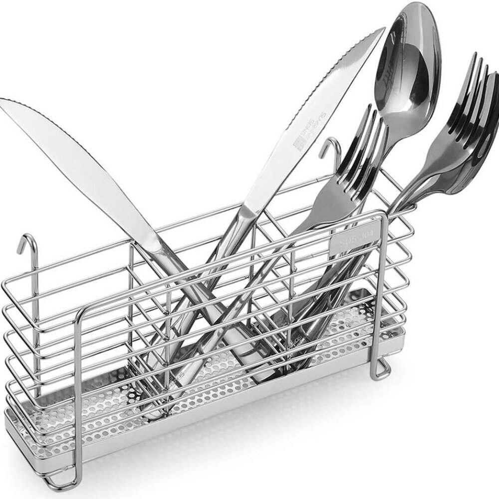 304 Stainless Steel Utensil Drying Rack with Hooks & 3 Divided Compartments, Sil